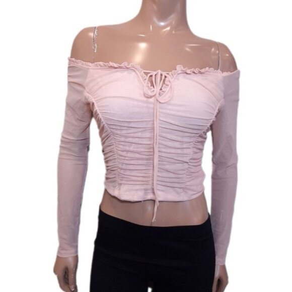 ROOM SERVICE Off Shoulder Crop Top Sheer Long Sleeve Ruched Mesh Womens Large - Picture 1 of 10